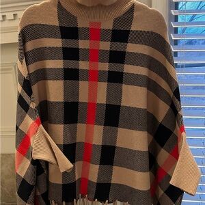 Turtleneck Plaid Poncho Sweater in Beige with Red Accents